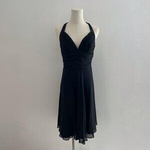 White House Black Market Silk Dress Black LBD Halter Backless Zip Pleat Size 4